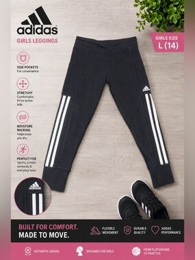 Adidas Girls Black 3-Stripe Leggings with Pockets Size Large 14